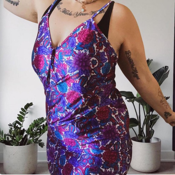 Vintage 90โ๐ Floral Mini Slip Dress Neon Purple Bright Medium - Picture 1 of 10